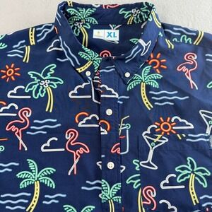 Chubbies Shirt Mens XL Navy Blue Neon Flamingo Palm Tree Popover SS Party Aloha